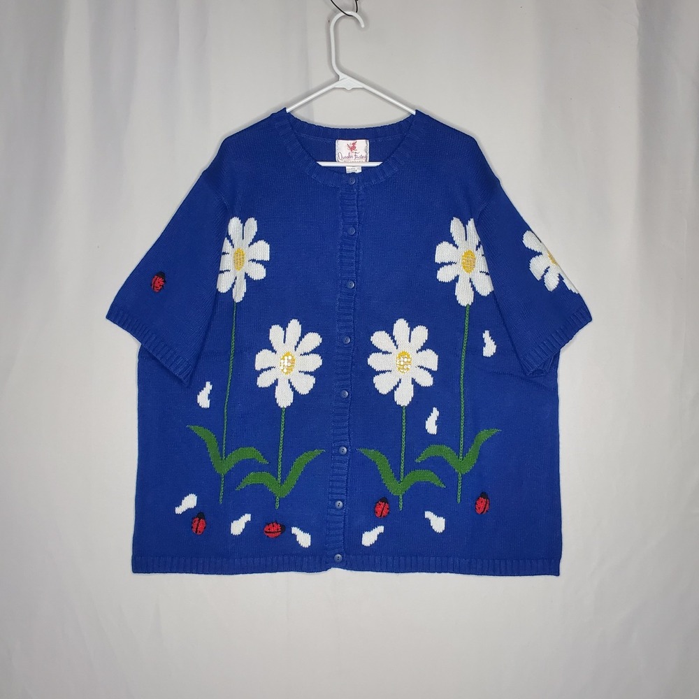 Quacker Factory Short Sleeve Cardigan 3X Blue Knit Daisy Flower Ladybug Artsy